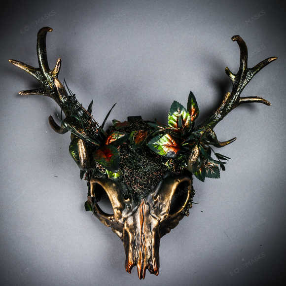 Antelope Devil Deer Horn Skull Woodland Forst Ghost Masquerade Mask - Green Gold - Picture 1 of 7